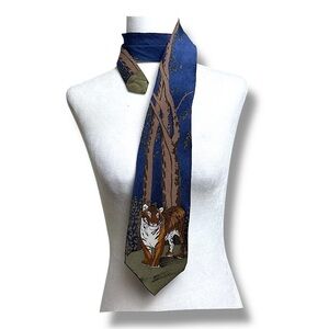 WWF World Wildlife Fund Bengal Tigers Neck Tie Navy Blue 100% Silk Vintage 1991